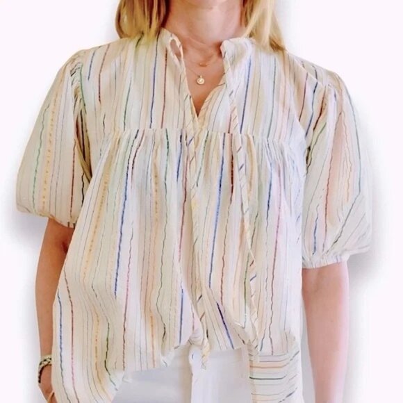 NEVER A WALLFLOWER White Metallic Multicolored Striped Top size Medium - Picture 1 of 13